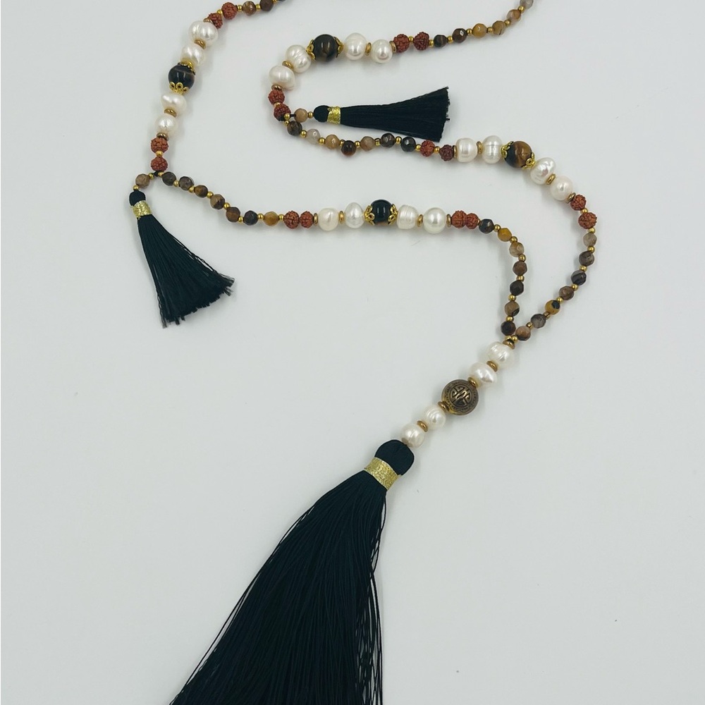 Black Tassel Necklace w/Pearls, Tiger’s Eye, Rudraksha, Gemstone Beads 40” Long